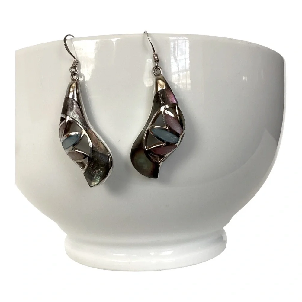 925 Sterling Silver Iridescent MOP Drop Hook Earrings Pink Blue Purple Green EUC - Picture 11 of 14